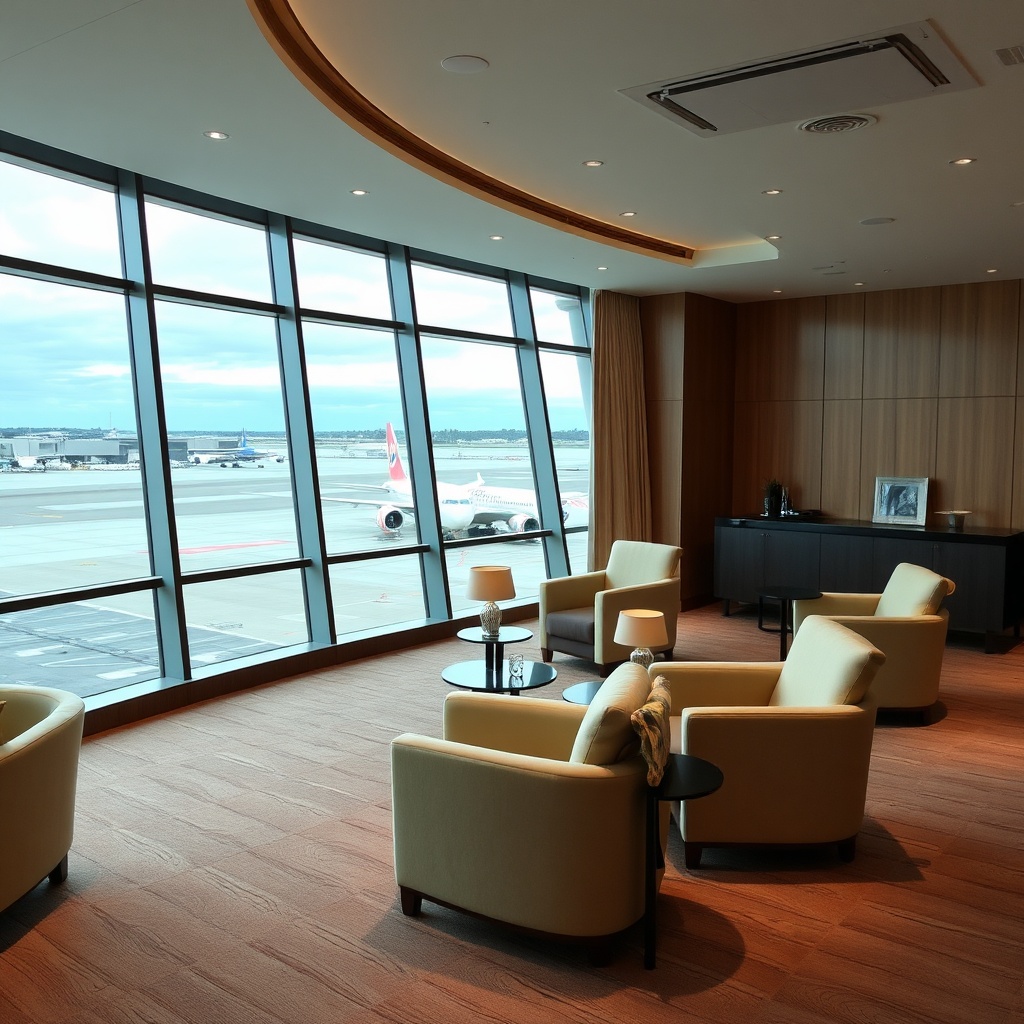 Premium lounge at Heathrow Terminal 3 with comfortable seating and panoramic tarmac view, refurbished interior with warm lighting and elegant decor